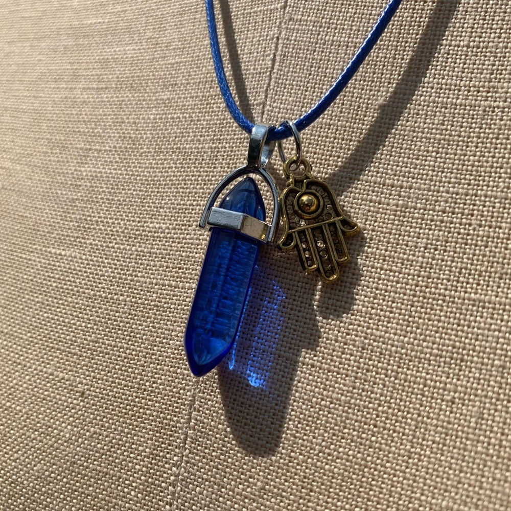 Handmade Cobalt Blue Resin Crystal Amulet Necklace & Hamsa Hand Charm - Picture 7 of 11
